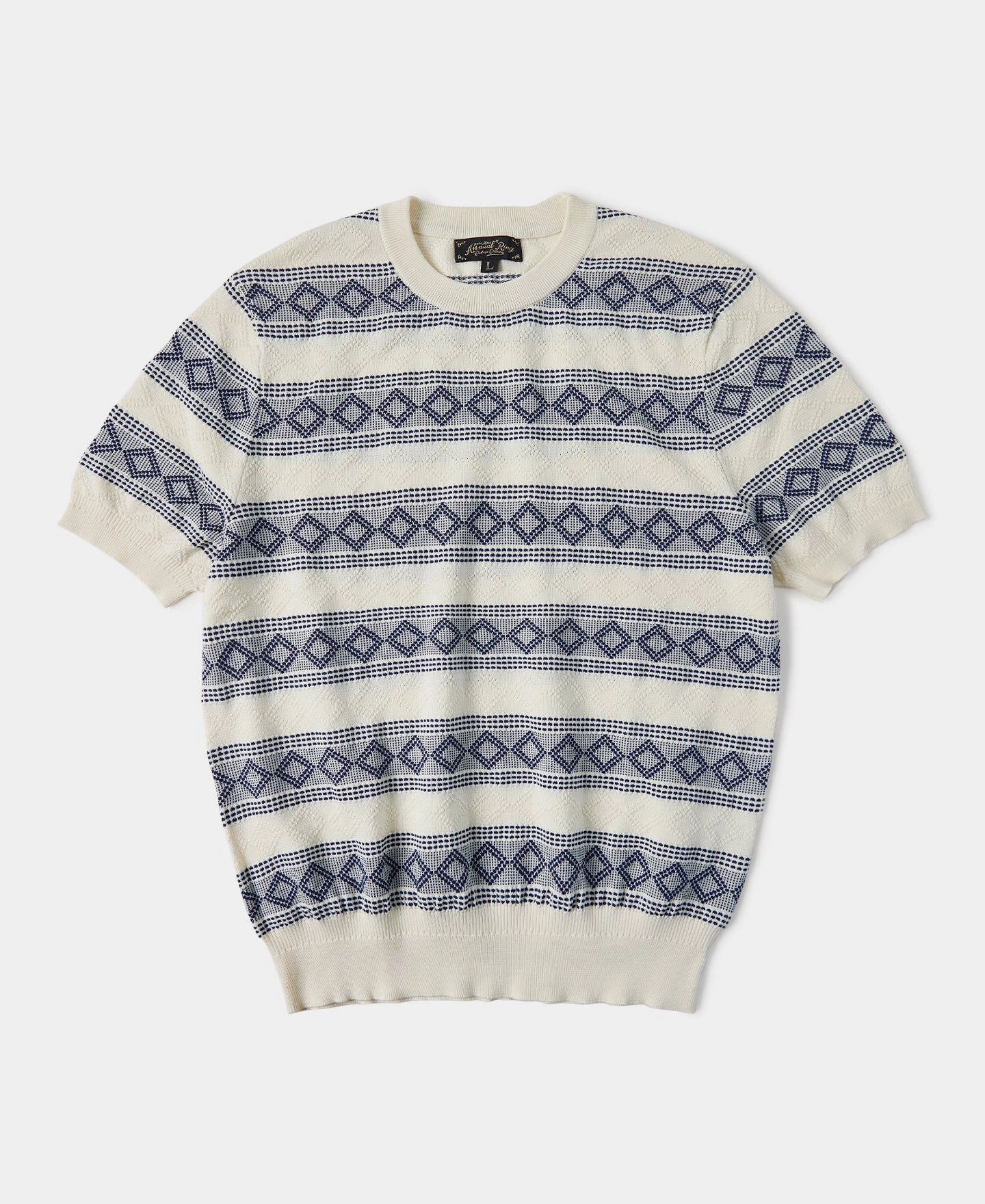 Diamond Pattern Jacquard Crew Neck T-Shirt - Blue/White Fuzz Free Surface