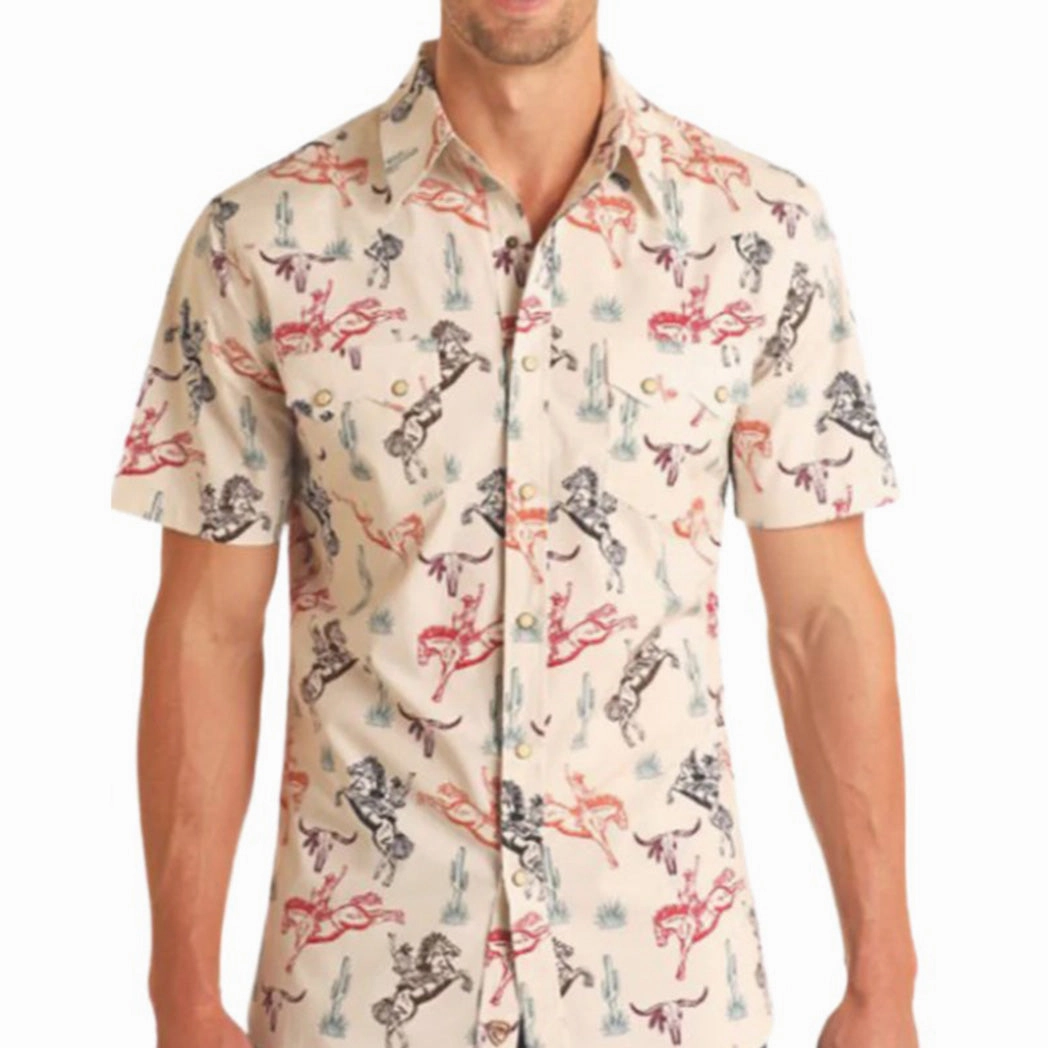 Rock & Roll Men's Multi Bronc & Skull Cream Short Sleeve Casual Comfort
