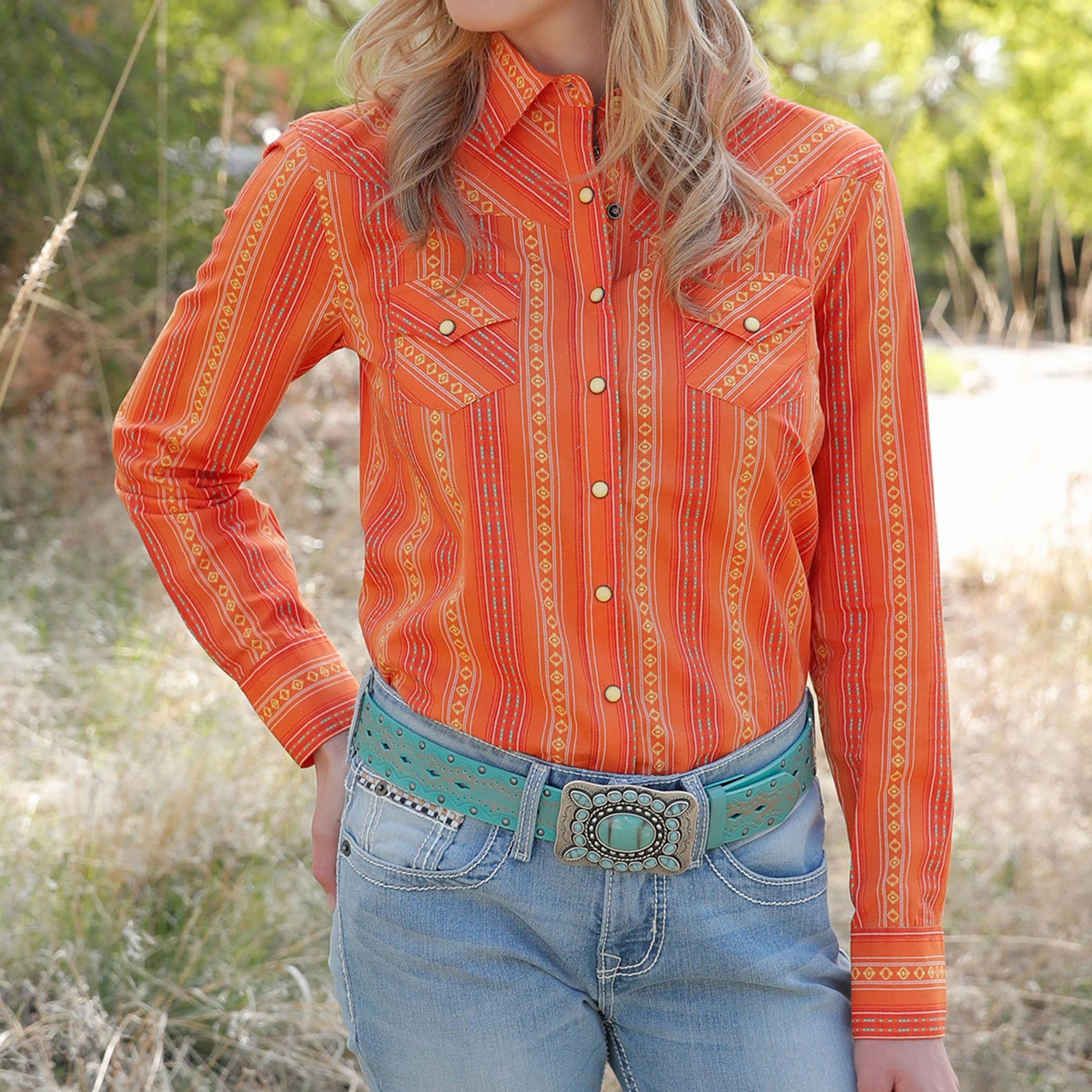 Cruel Girl Women's Orange & Yellow Print Long Sleeve Shirt Eco Conscious Packaging