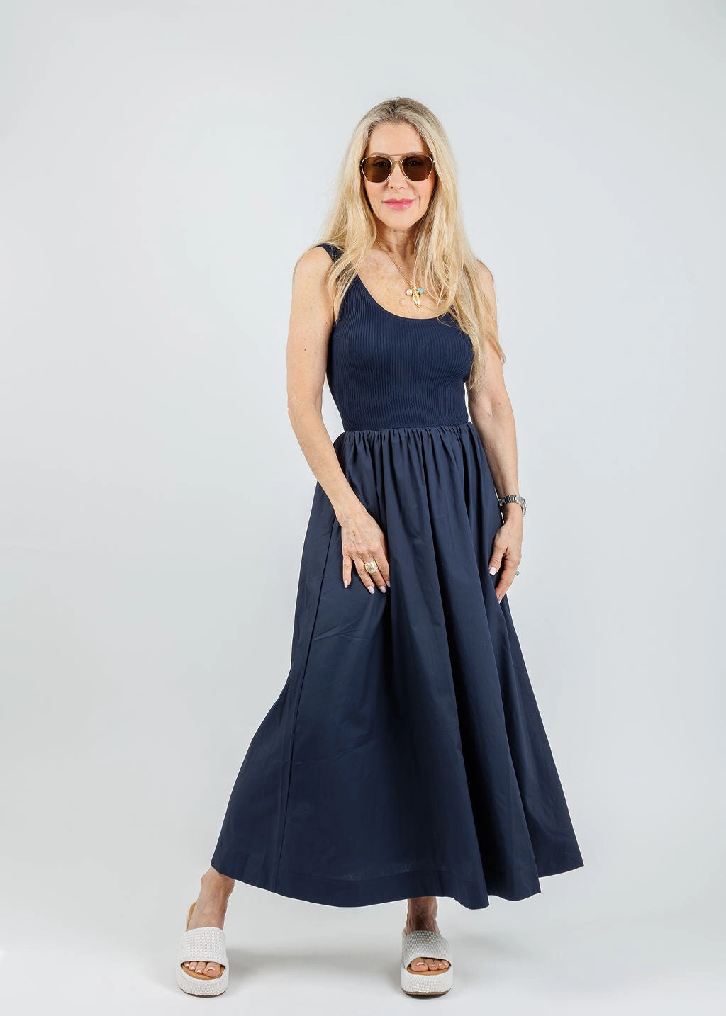 Pure Motion Lilian Mixed Media Midi Dress - Navy