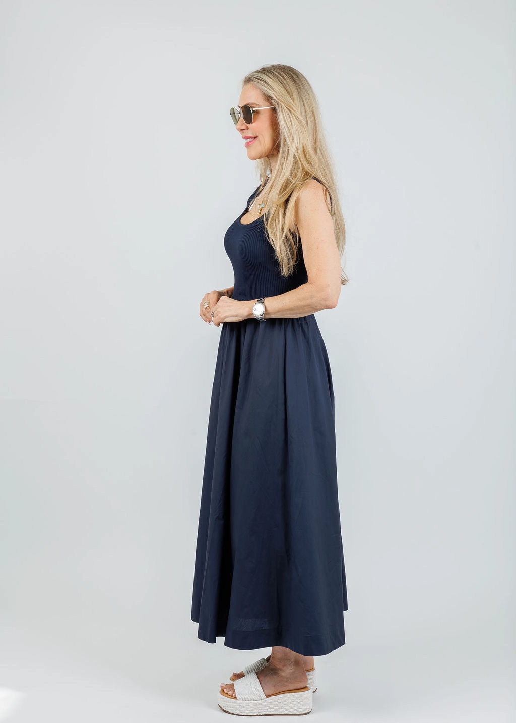 Gemstone-Detail High-Low-Hem Lilian Mixed Media Midi Dress - Navy