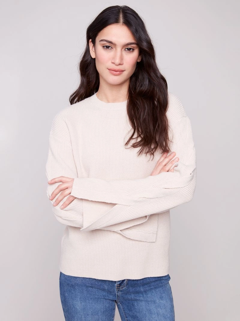 FadeResistant Dye Flexible Ribbed Cuffs Charlie B. Cable Detail Sweater