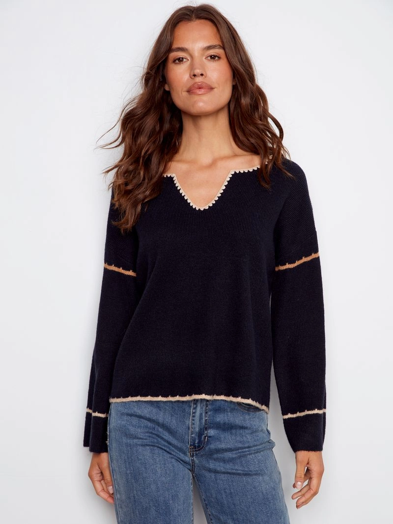 Charlie B. Embroidered Back Sweater DoubleLayeredCollar