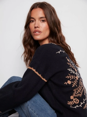 Charlie B. Embroidered Back Sweater DualLayer Weave Overlock Edging
