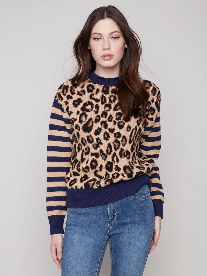 Charlie B. Leopard & Stripes Sweater LowMaintenanceFabric AbrasionResistant Surface