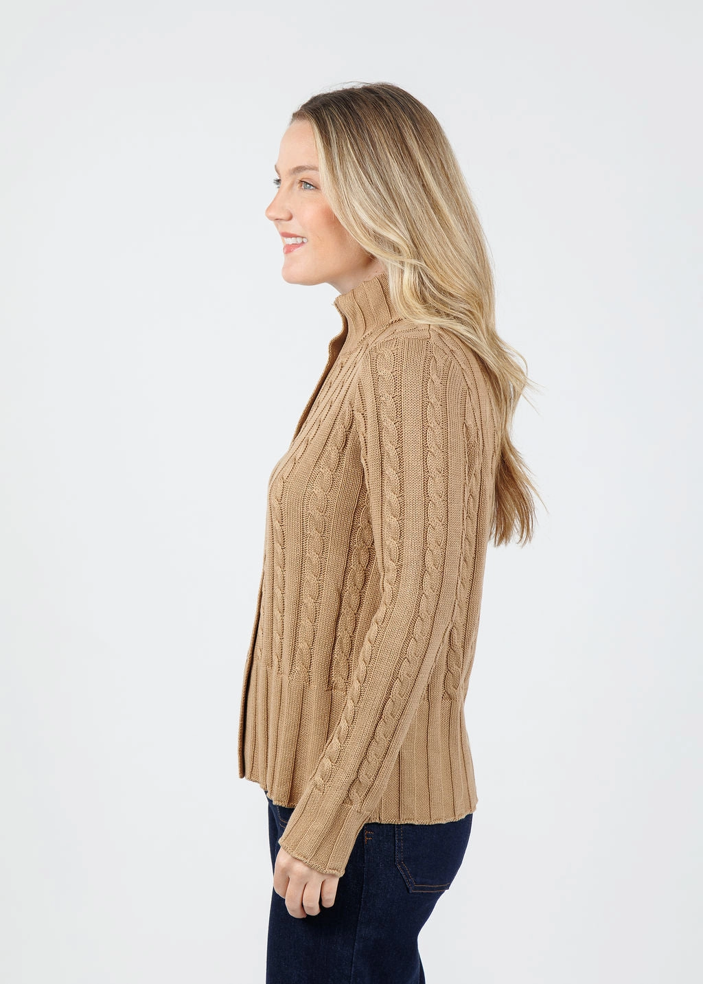 Low Impact Production Roomy Comfort Charlie Cable Long Sleeve Cardigan - Cappuccino