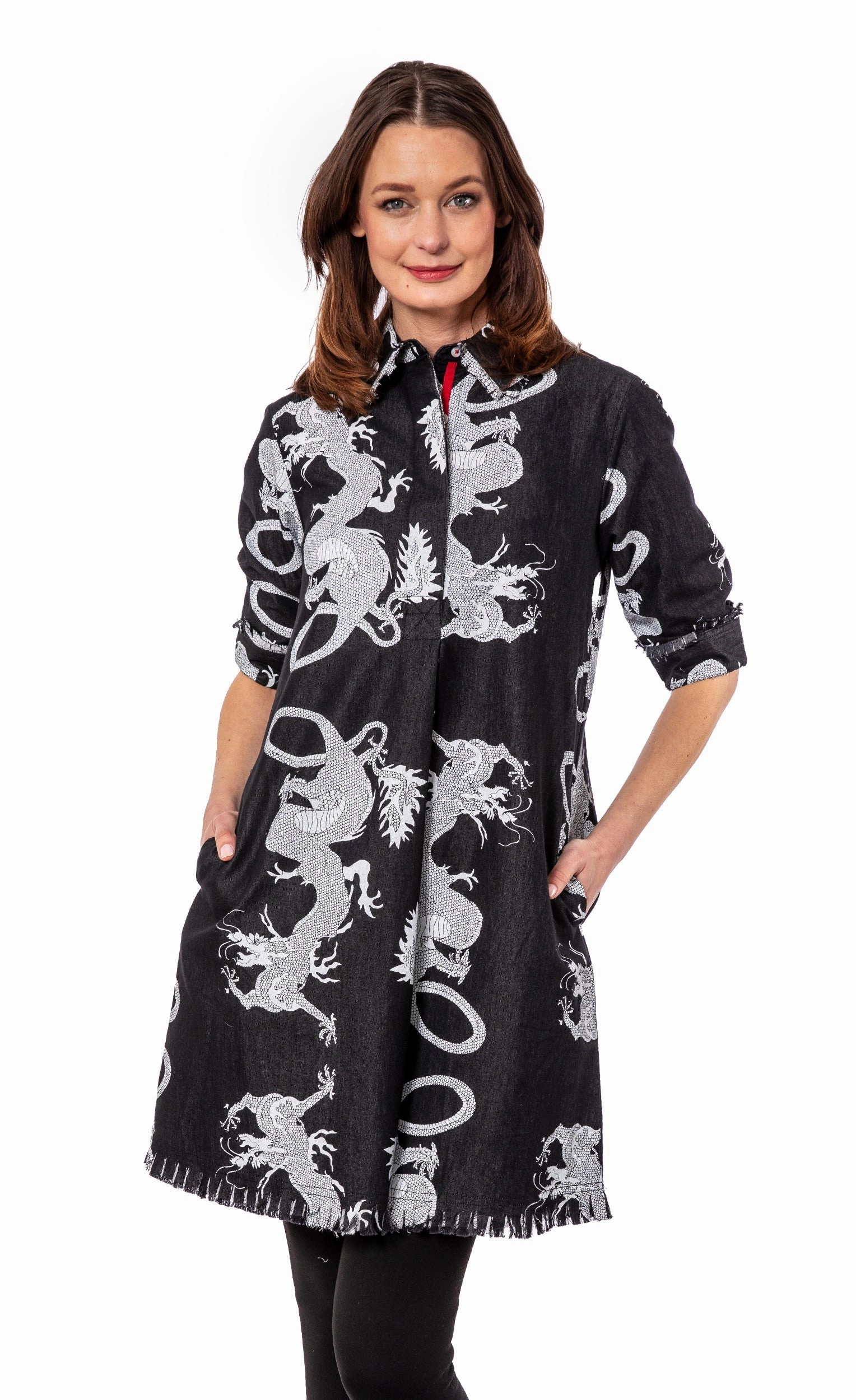 Chatham Dress - Black Denim Dragon Print Relax Line Sharp Look