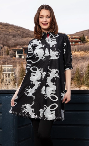 Chatham Dress - Black Denim Dragon Print Warranty-Included Elegant Waist