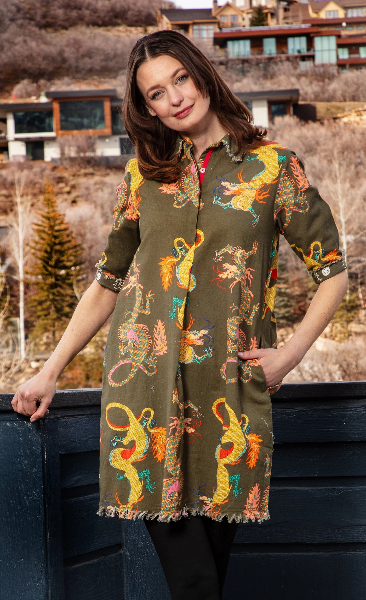 Chatham Dress - Olive Dragon Print Quick Elegance Free Shape