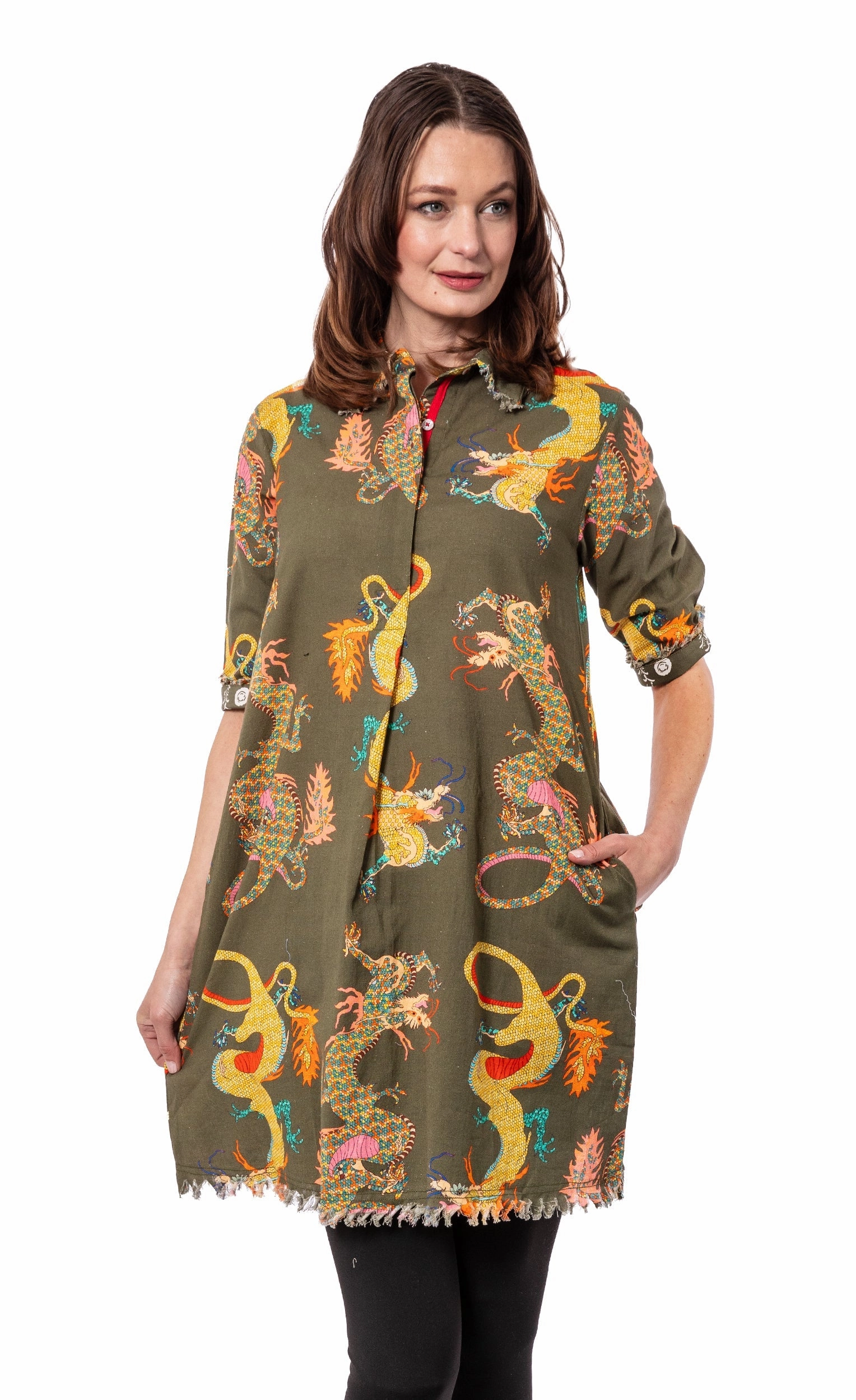 Stylish Waistband Fit Family Glow Chatham Dress - Olive Dragon Print