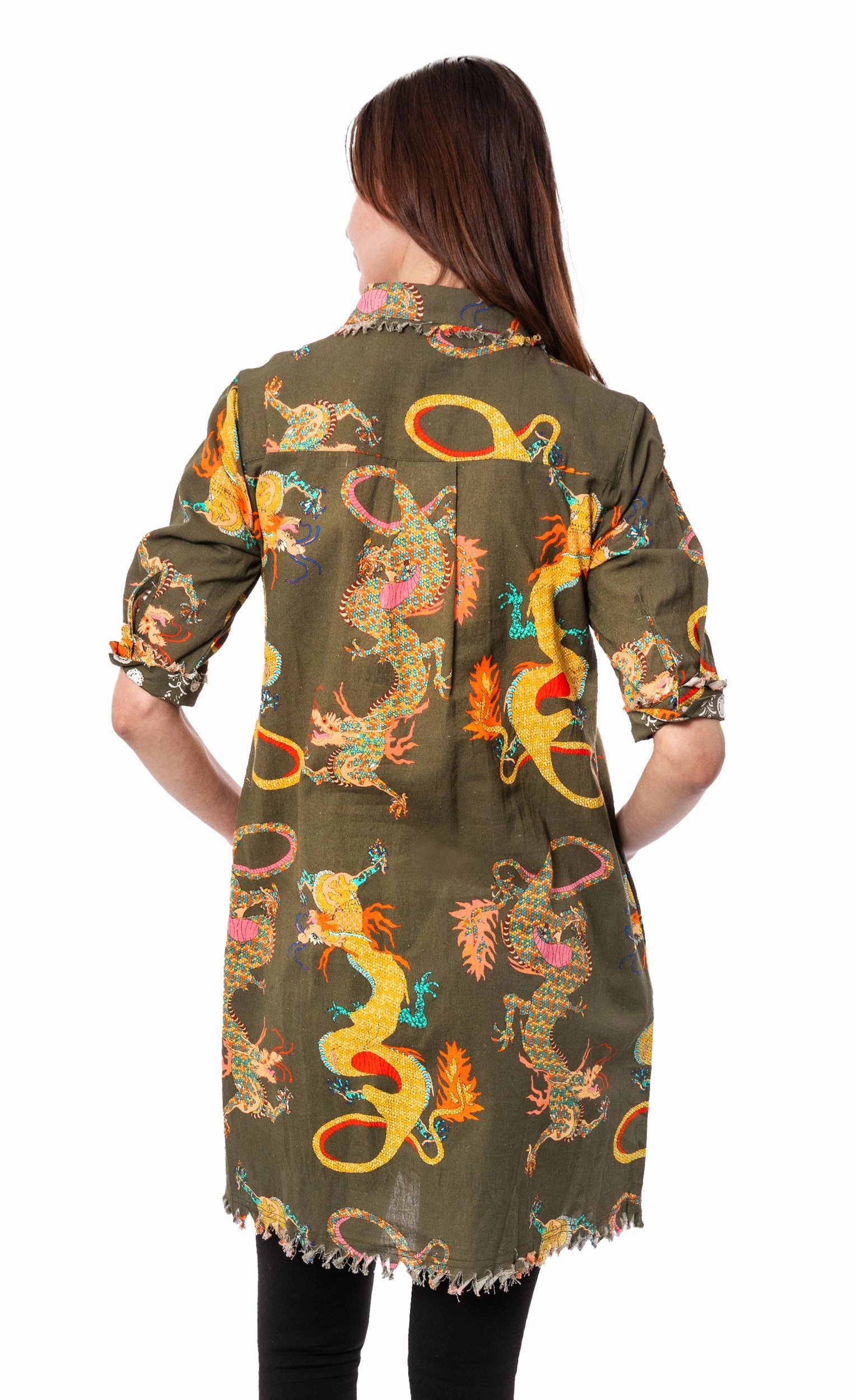 Sophisticated Waist Chatham Dress - Olive Dragon Print