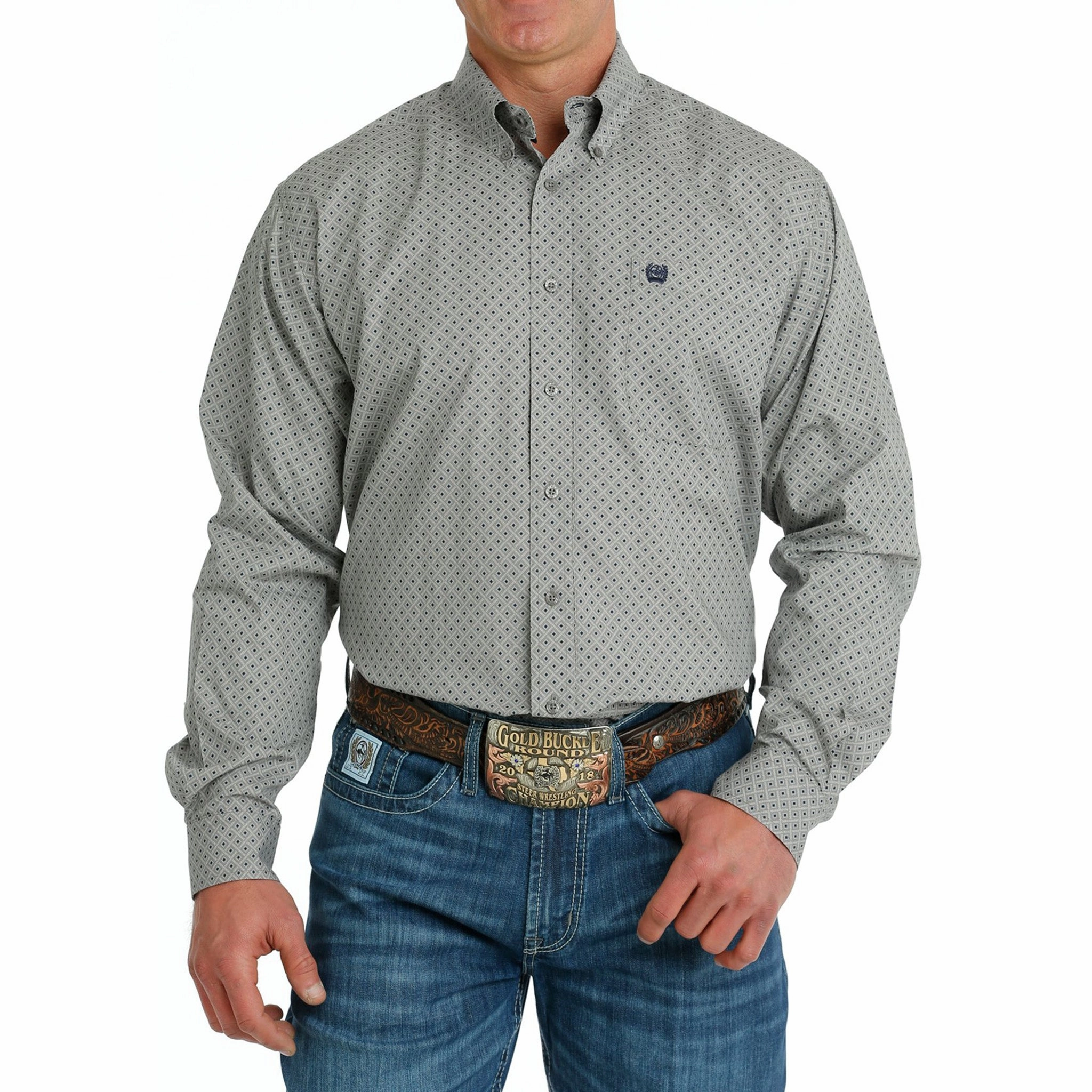 Relaxed Vibe Cinch Men's Grey Print Long Sleeve Shirt