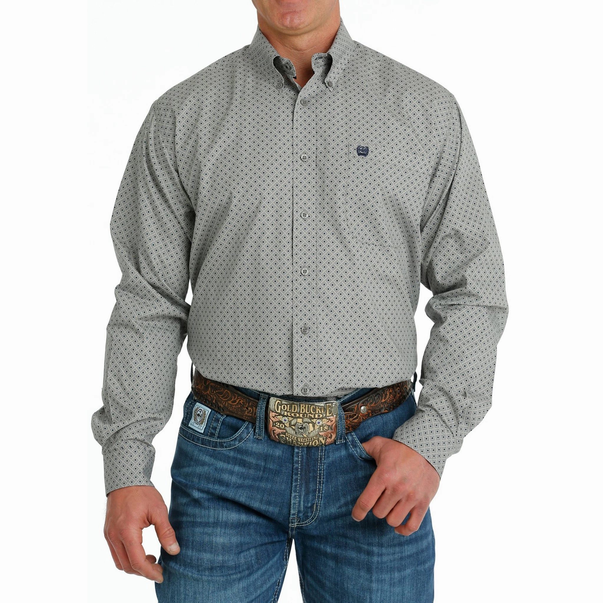 Compact Packing Cinch Men's Grey Print Long Sleeve Shirt