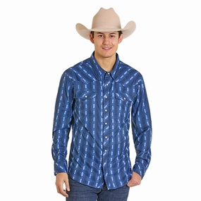 Organic Cotton Breathable Design Men's Rock & Roll Denim Tek Aztec Navy Long Sleeve Shirt