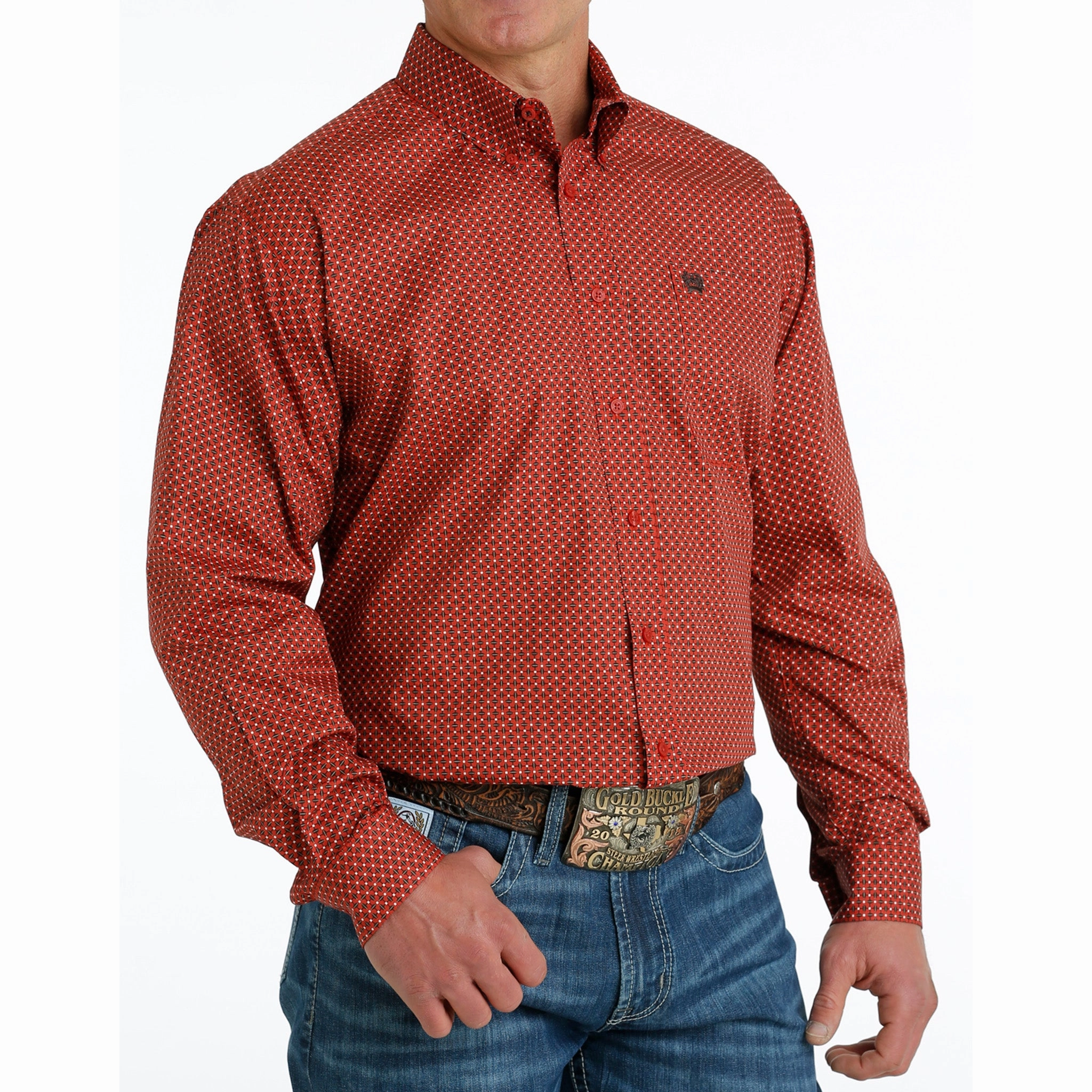 Trendy Layer Cinch Men's Red Geo Print Shirt
