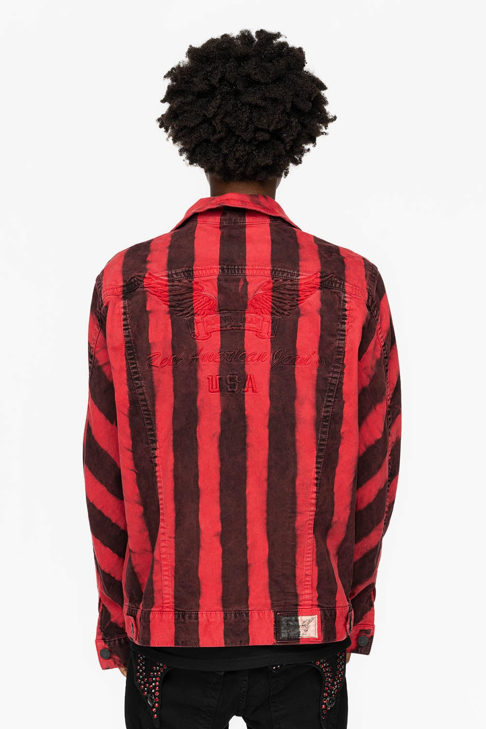 PRISONER JEAN JKT IN BLACK AND RED WASH WITH RED AND JET BLK  CRYSTALS Stretch Enhanced Mobility Zones