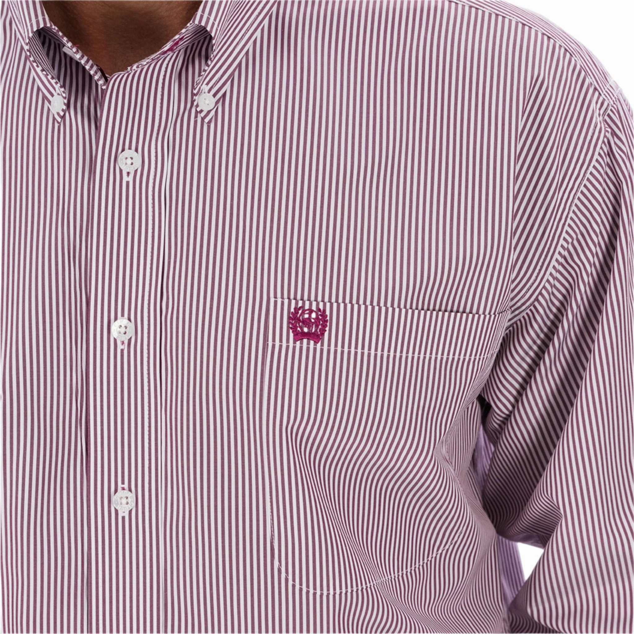 Cinch Men's Burgundy Stripe Tencel Long Sleeve Shirt Tear Resistant Reinforcement