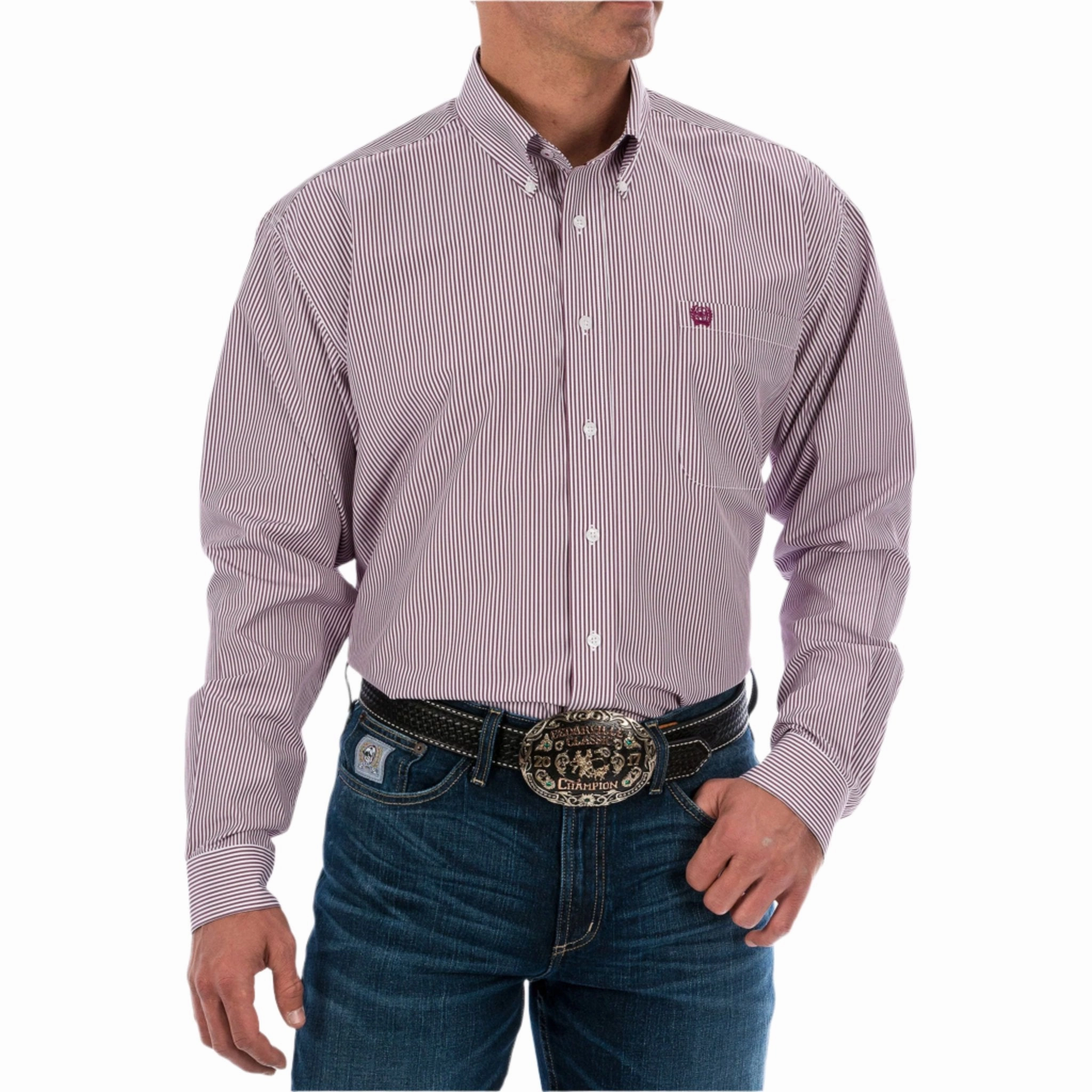 Classic Fit Cinch Men's Burgundy Stripe Tencel Long Sleeve Shirt