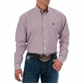 Classic Fit Cinch Men's Burgundy Stripe Tencel Long Sleeve Shirt