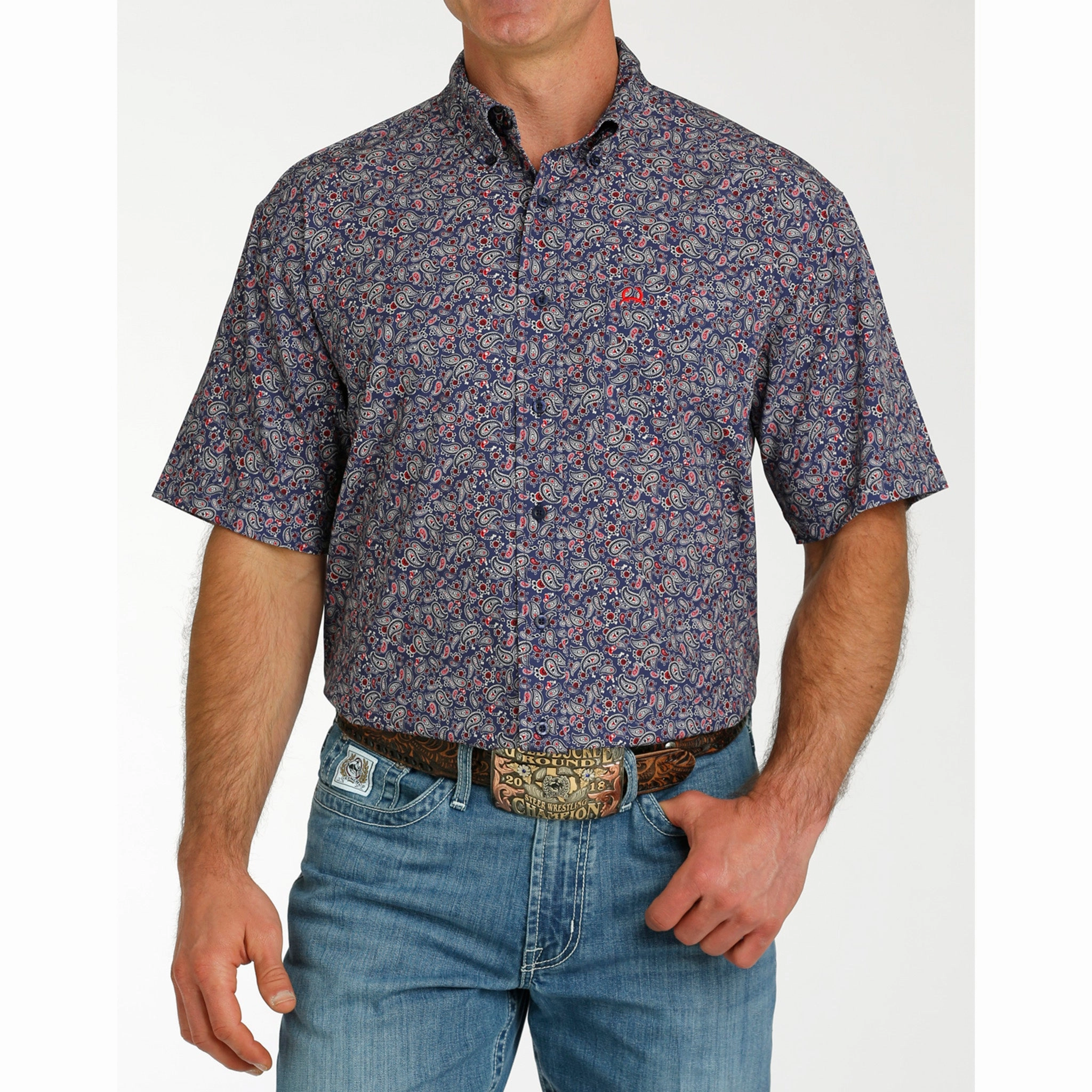 Cinch Men's Navy Print Short Sleeve Durable Buttons