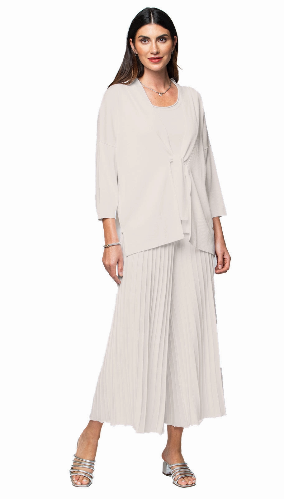 Malia Three-Quarter Sleeved Front-Tie Cardigan; Beige Cozy Warm Layer