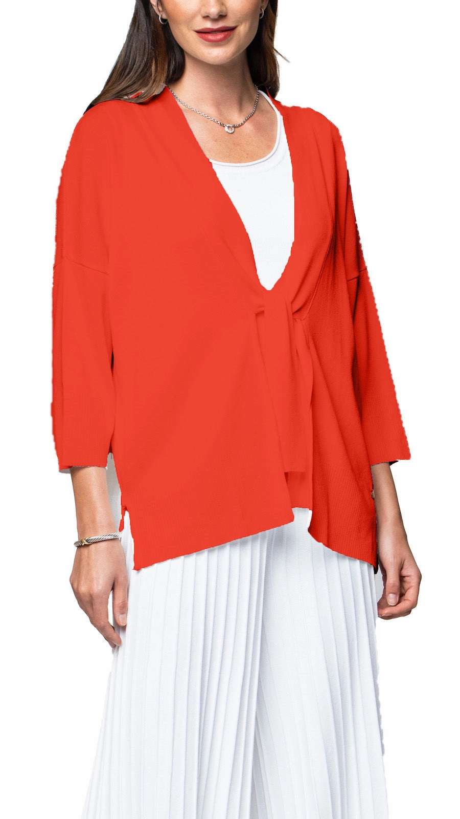 Layered Style Wear Malia Three-Quarter Sleeved Front-Tie Cardigan; Bright Orange