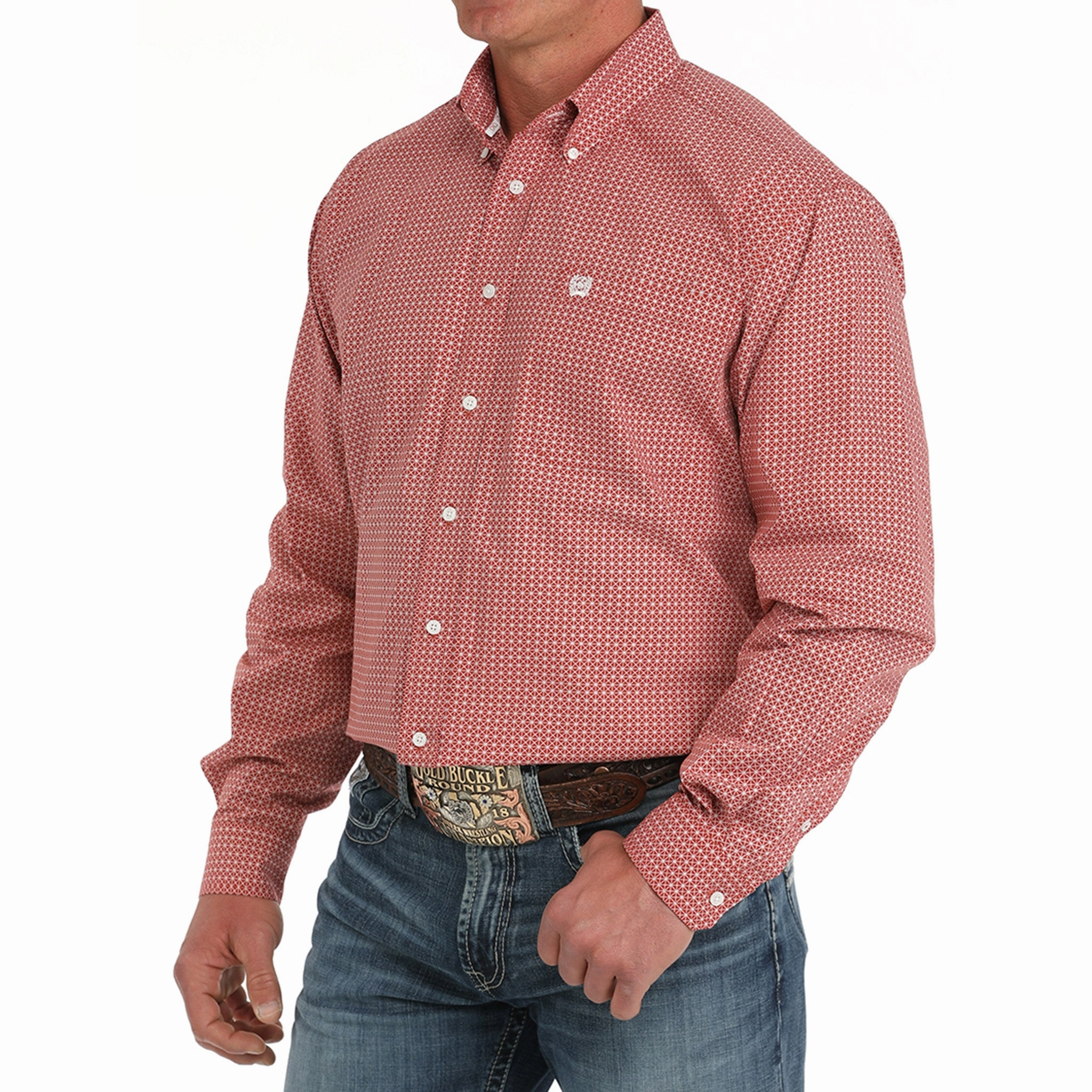 Layering Essential Cinch Button Down Long Sleeve Red Print