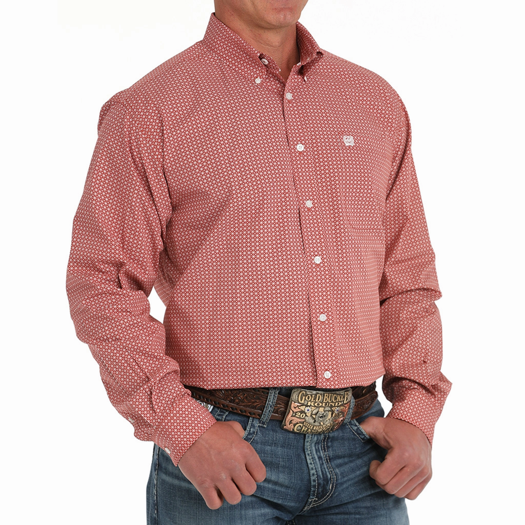 Cinch Button Down Long Sleeve Red Print Tailored Fit