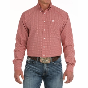Cinch Button Down Long Sleeve Red Print Soft Feel