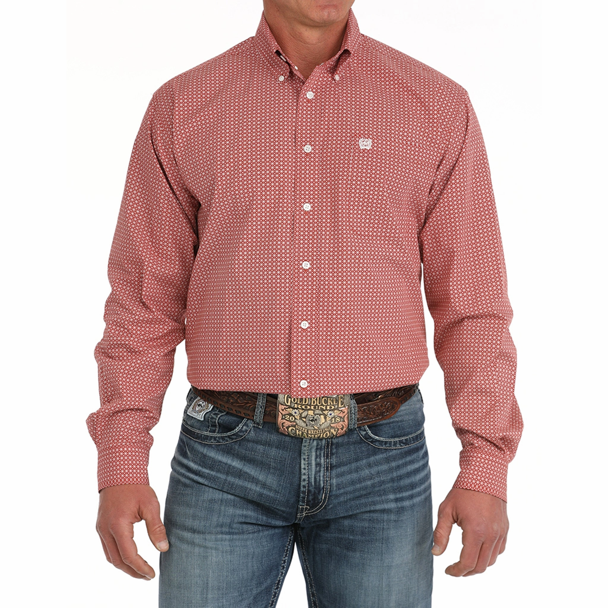 Cinch Button Down Long Sleeve Red Print Soft Feel