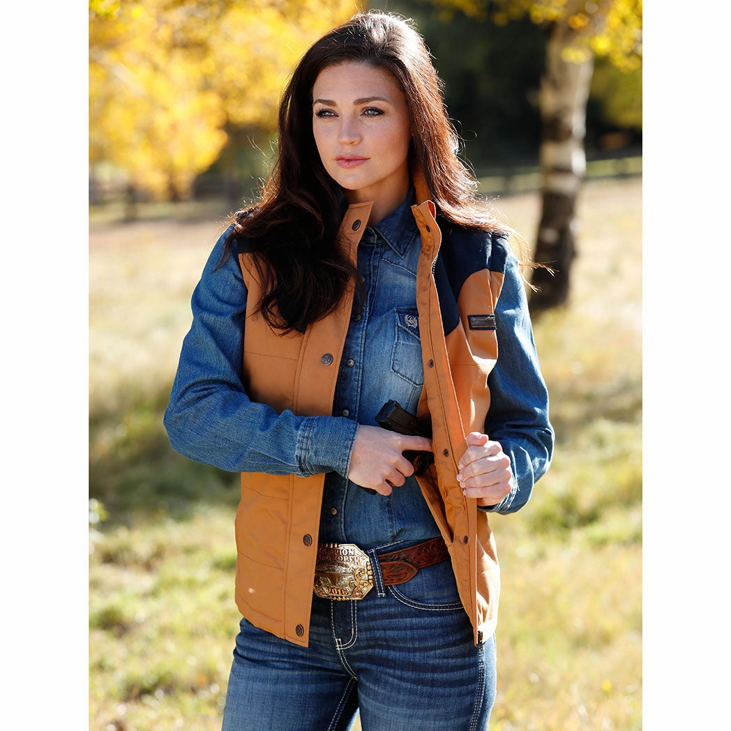 Cinch Ladies Brown & Navy Canvas Vest Adaptive Tension Bands Ergonomic Sleeve Shaping