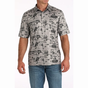 Cinch Men's Arena Flex Gray Camp Scene Short Sleeve family gathering