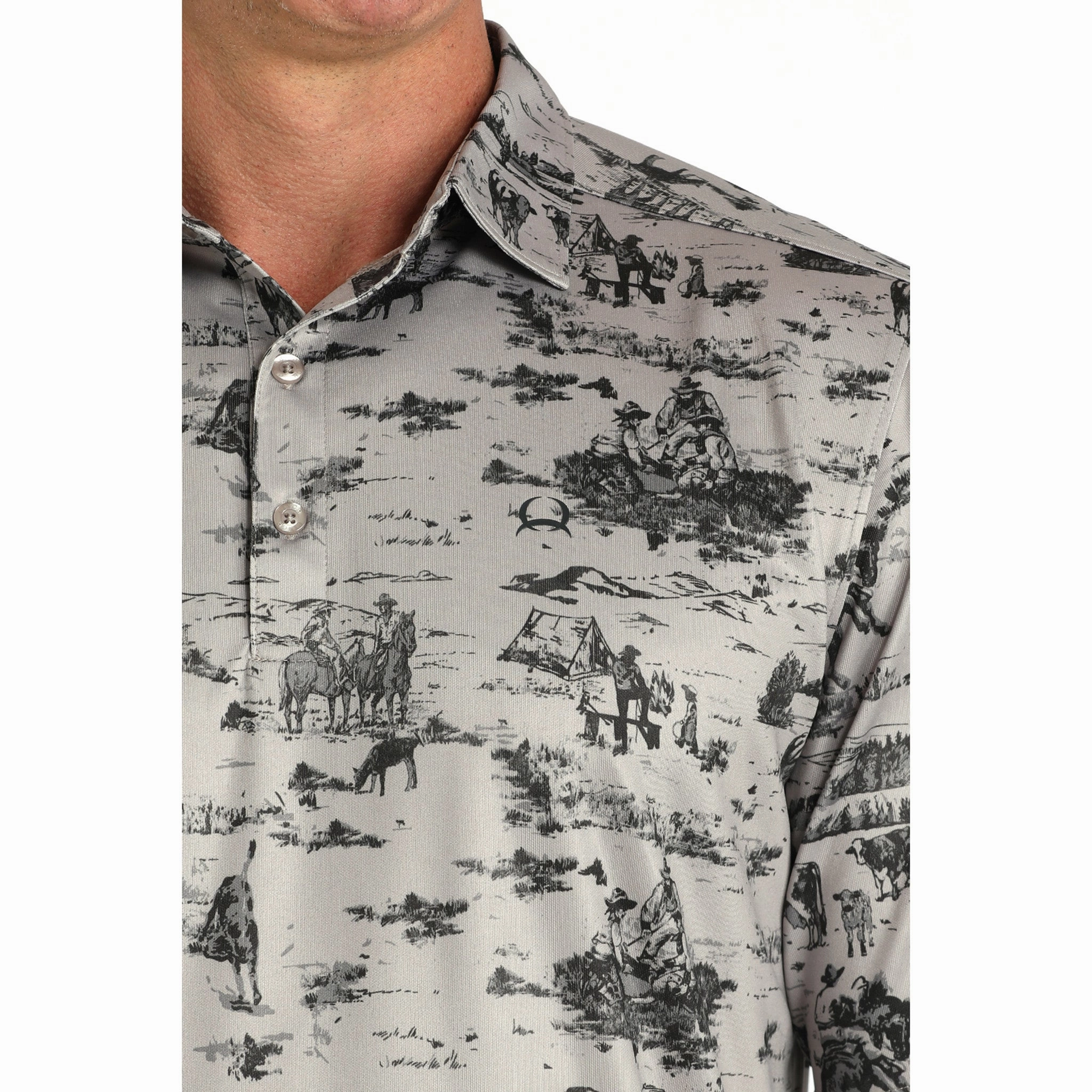 Cinch Men's Arena Flex Gray Camp Scene Short Sleeve Adjustable Cuffs Odor Control Fabric
