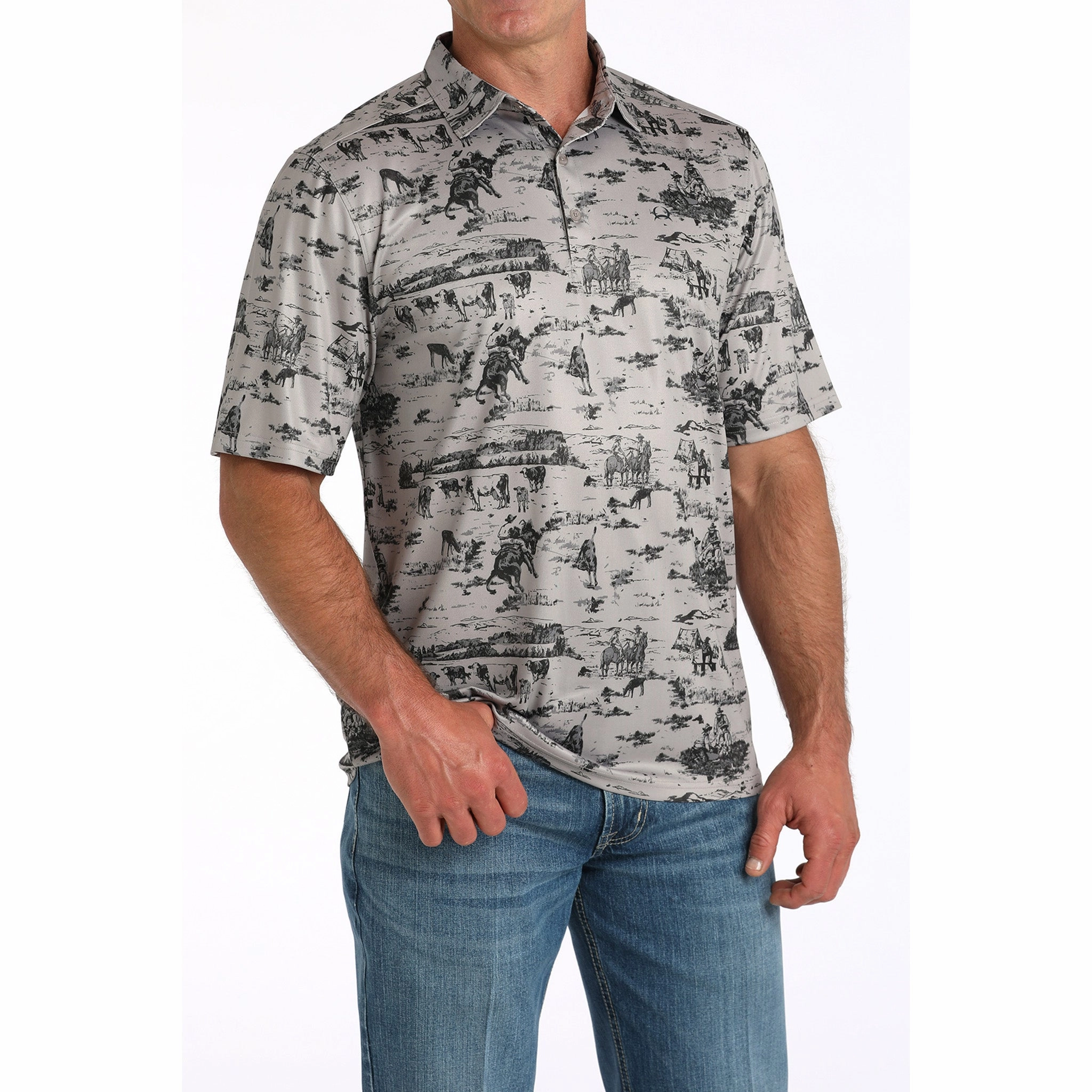 Cinch Men's Arena Flex Gray Camp Scene Short Sleeve Casual Vibe