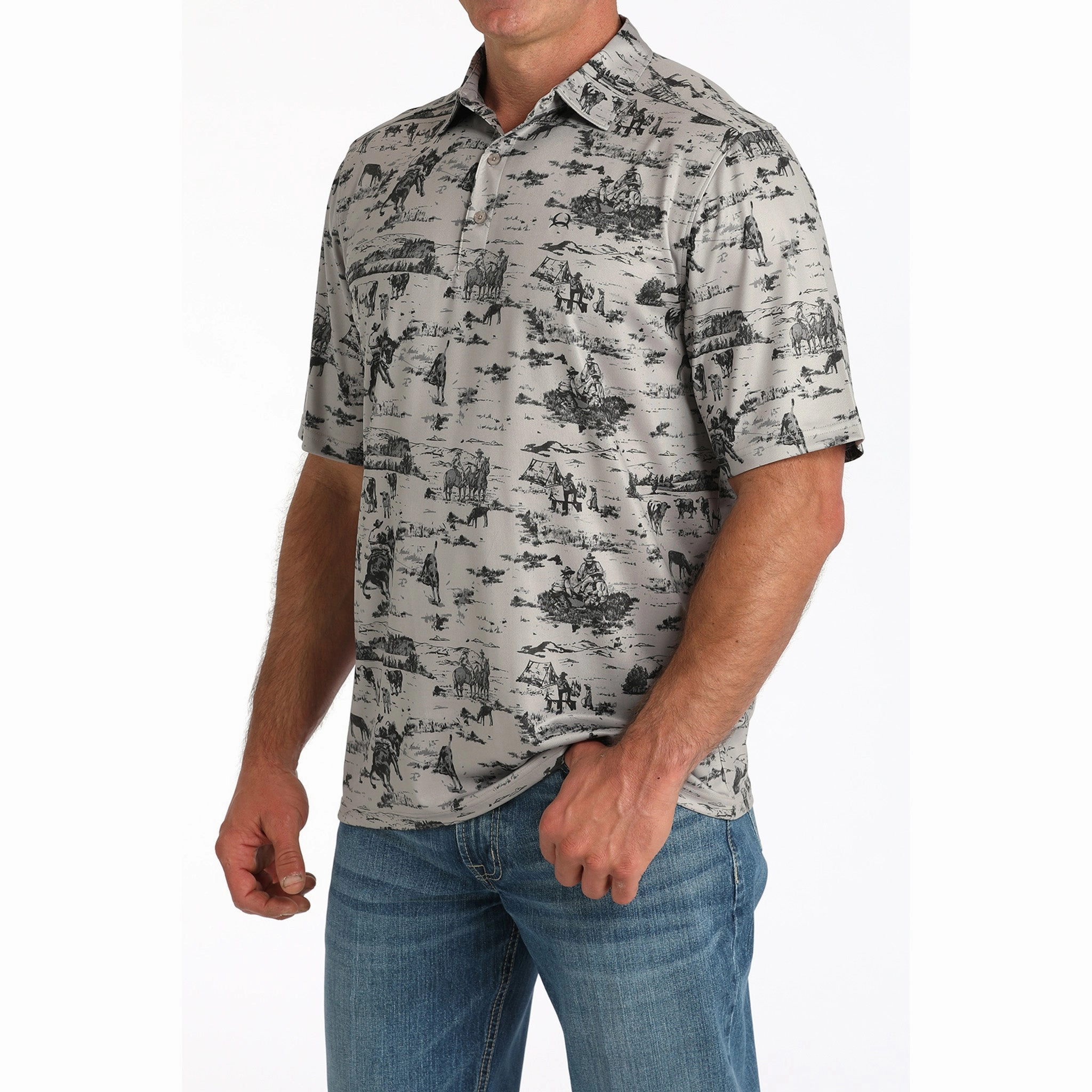 Street Chic Cinch Men's Arena Flex Gray Camp Scene Short Sleeve