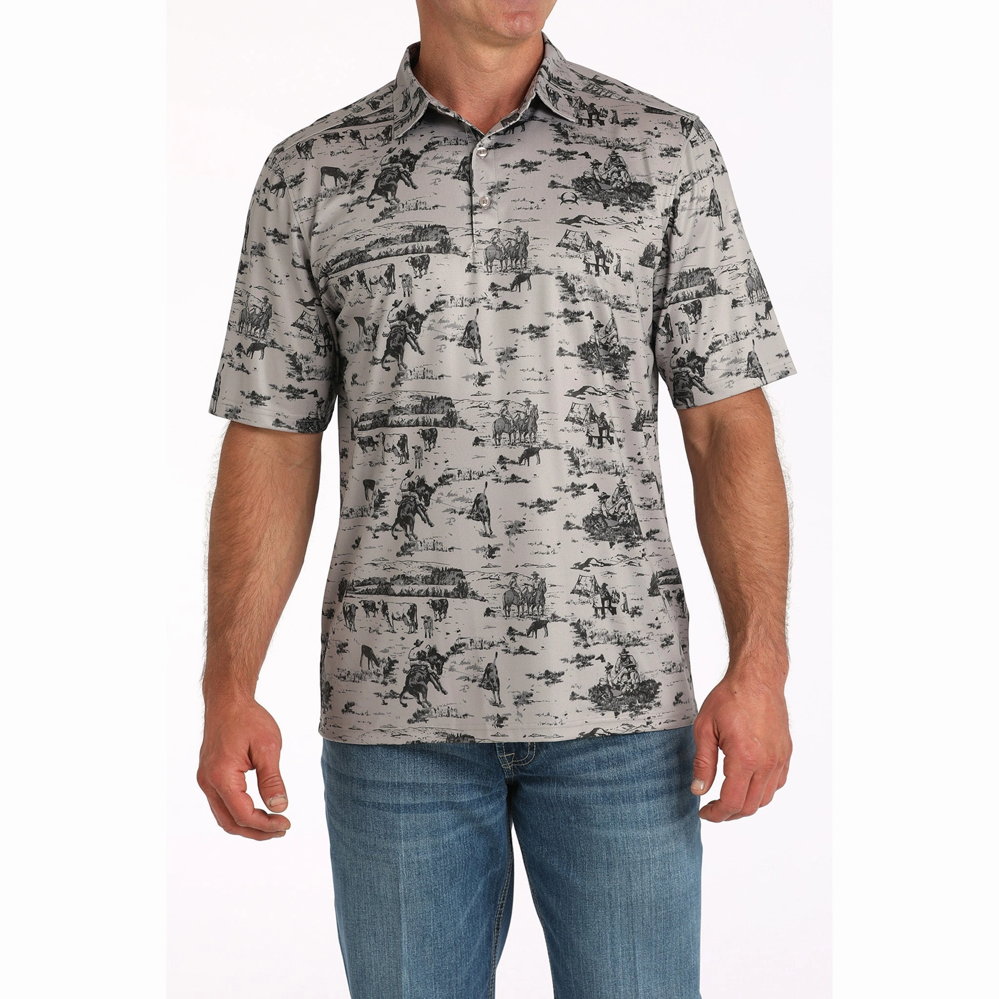 Cinch Men's Arena Flex Gray Camp Scene Short Sleeve family gathering