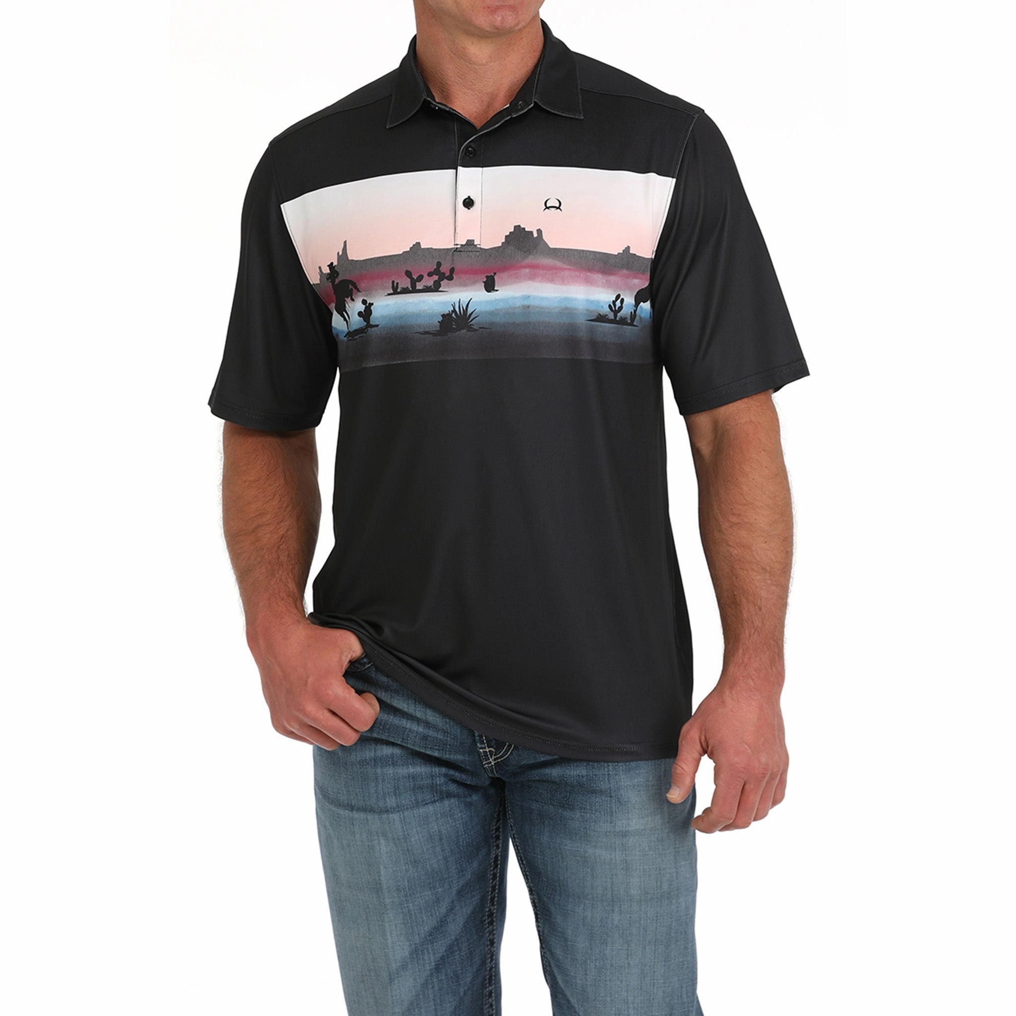 Cinch Men's Arenaflex Black Desert Scene Polo Weekend Outfit Comfortable Wear
