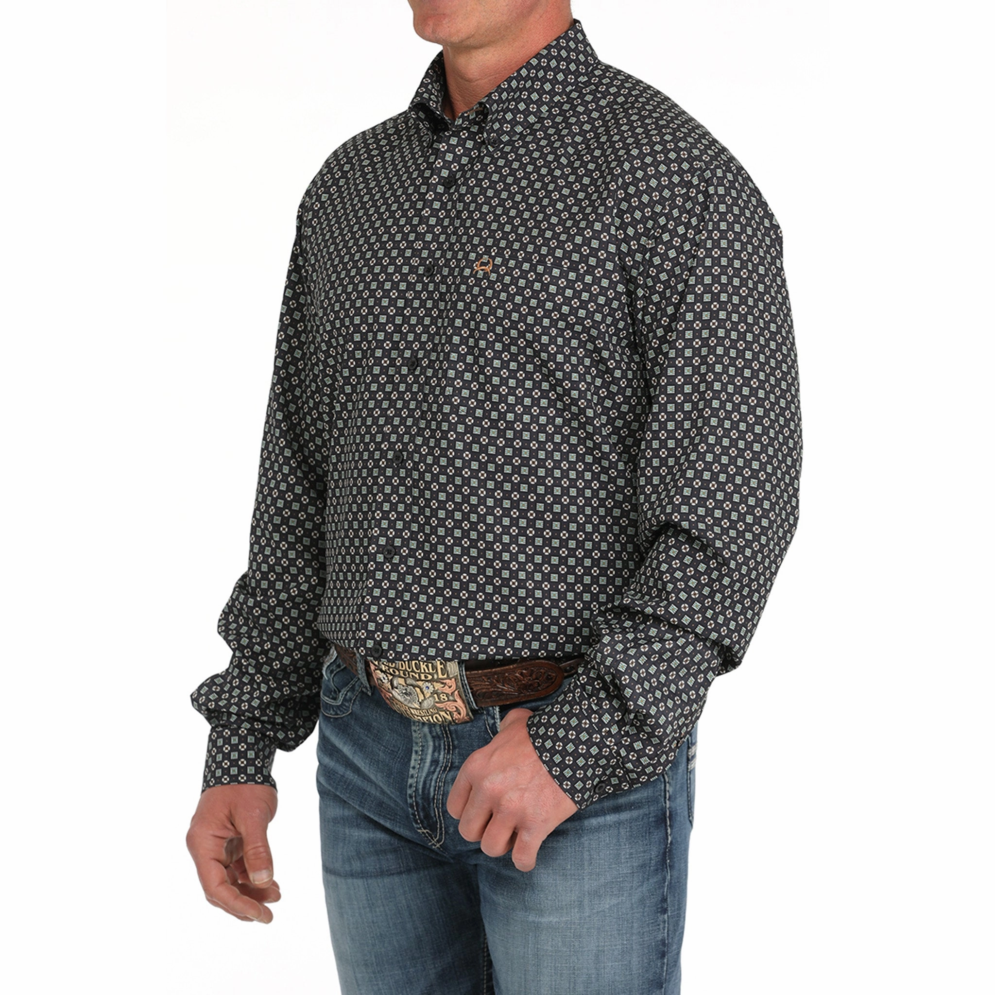 Bold Pattern Urban Style Cinch Men's Arenaflex Navy Medallion Print Long Sleeve