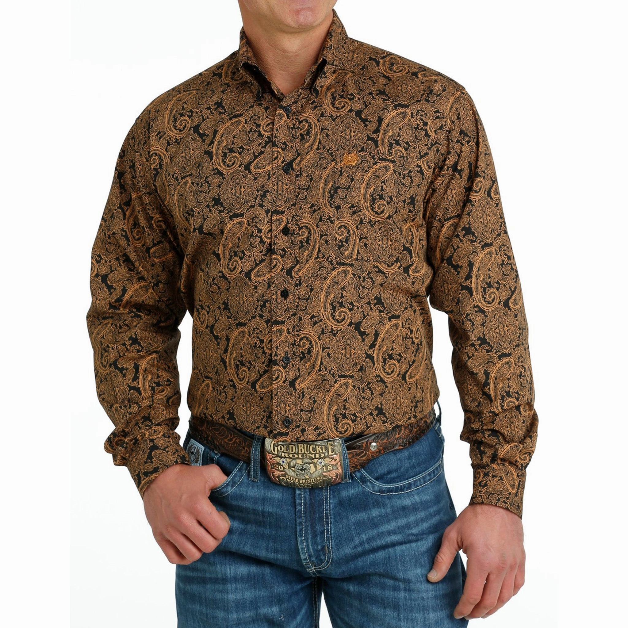 Cinch Men's Black & Gold Paisley Shirt Functional Pocket Versatile Styling