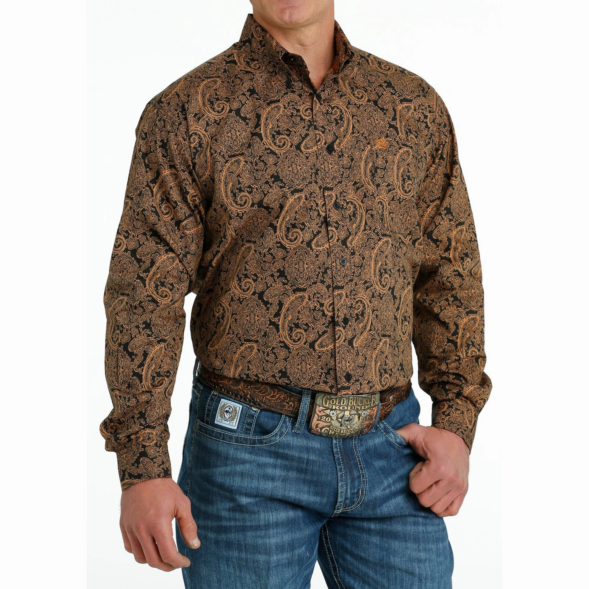 Multi Functional Pockets Cinch Men's Black & Gold Paisley Shirt