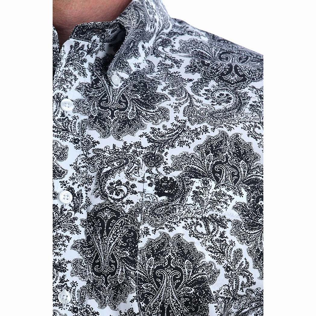 Ventilated Back Panel Cinch Men's Black & White Damask Print Long Sleeve