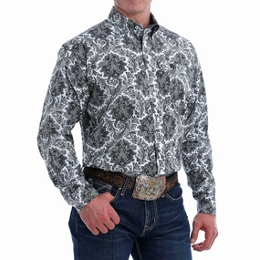 Cinch Men's Black & White Damask Print Long Sleeve Holiday Gift