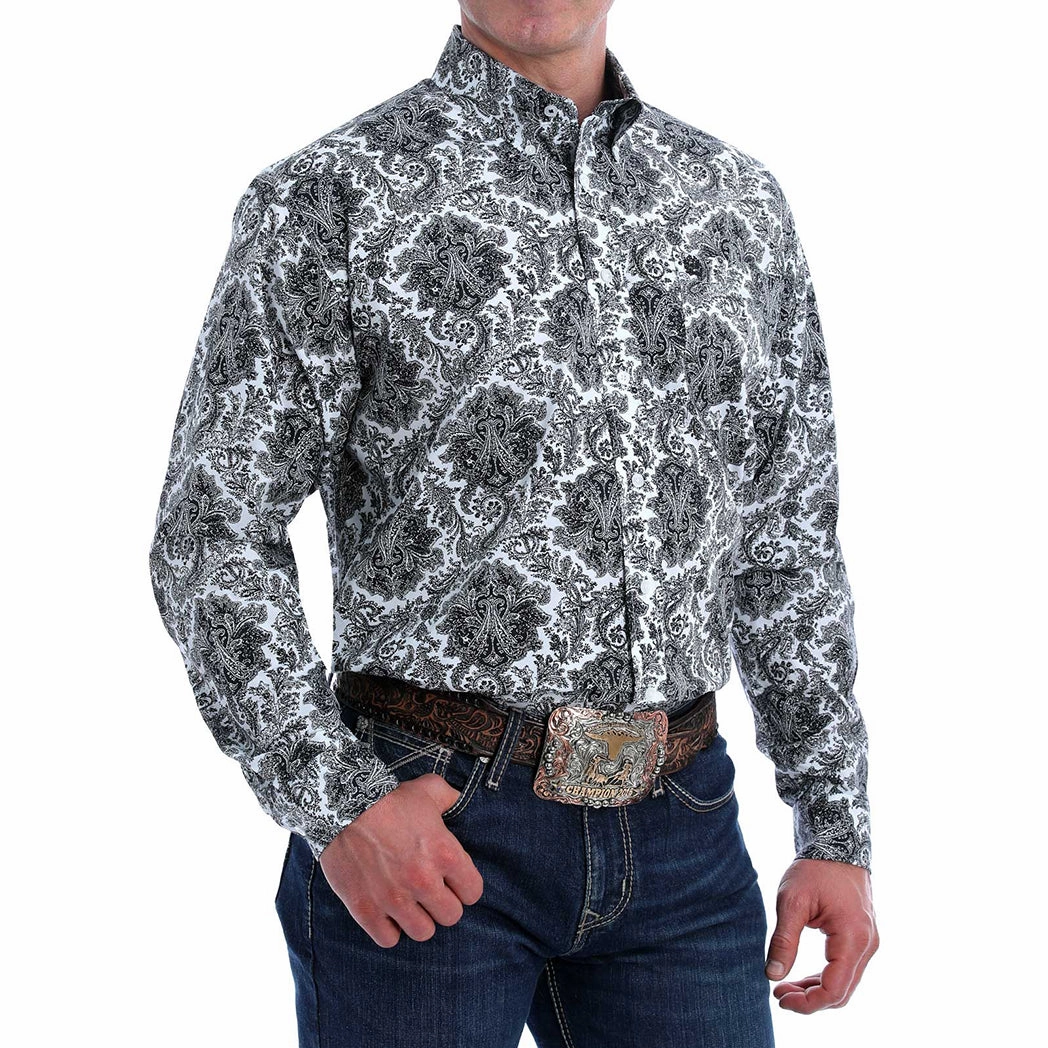 Cinch Men's Black & White Damask Print Long Sleeve Holiday Gift