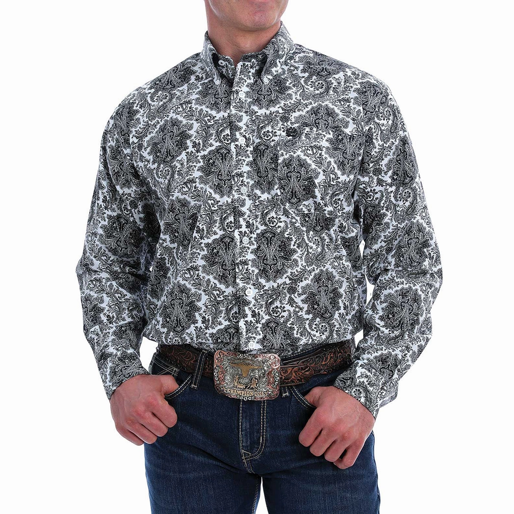 Cinch Men's Black & White Damask Print Long Sleeve Lightweight Fabric Neutral Toned Stitching