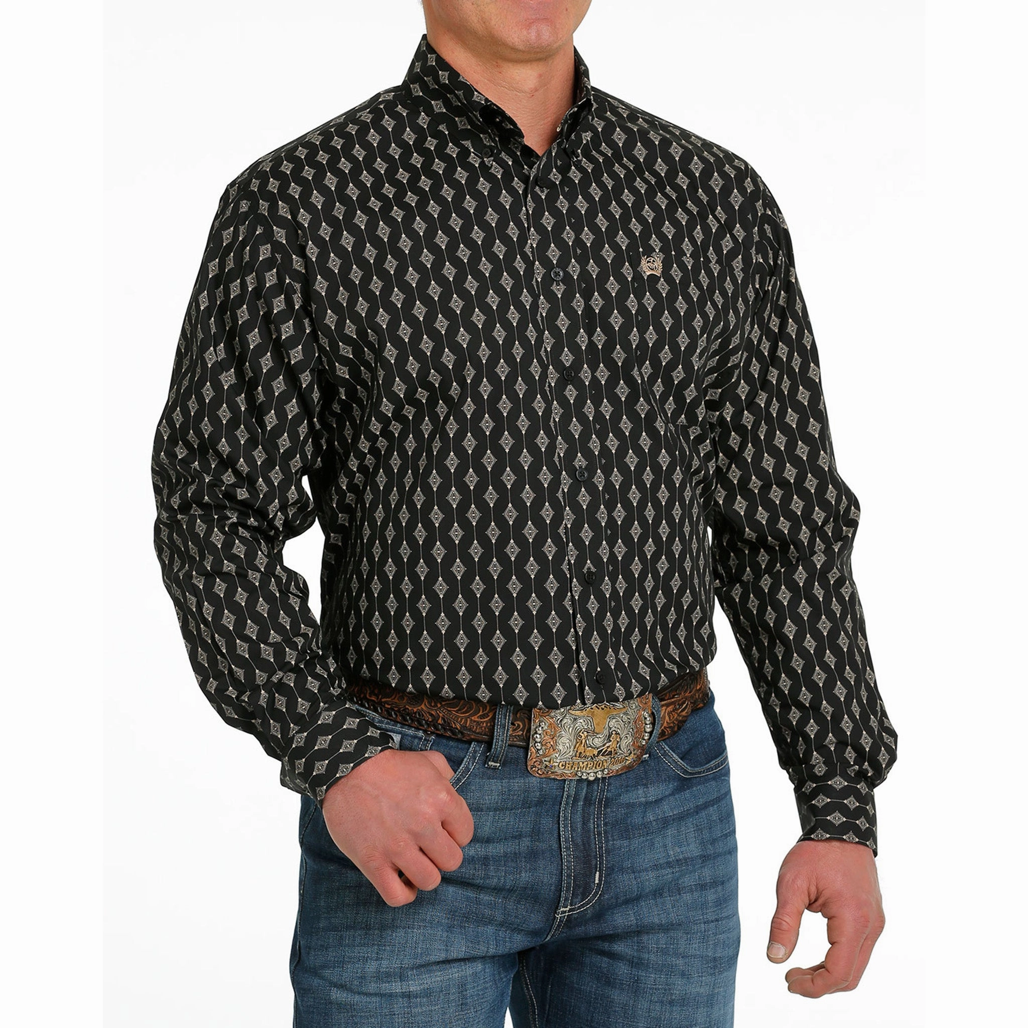 Roll-Up Sleeve Cinch Men's Black Diamond Print Shirt