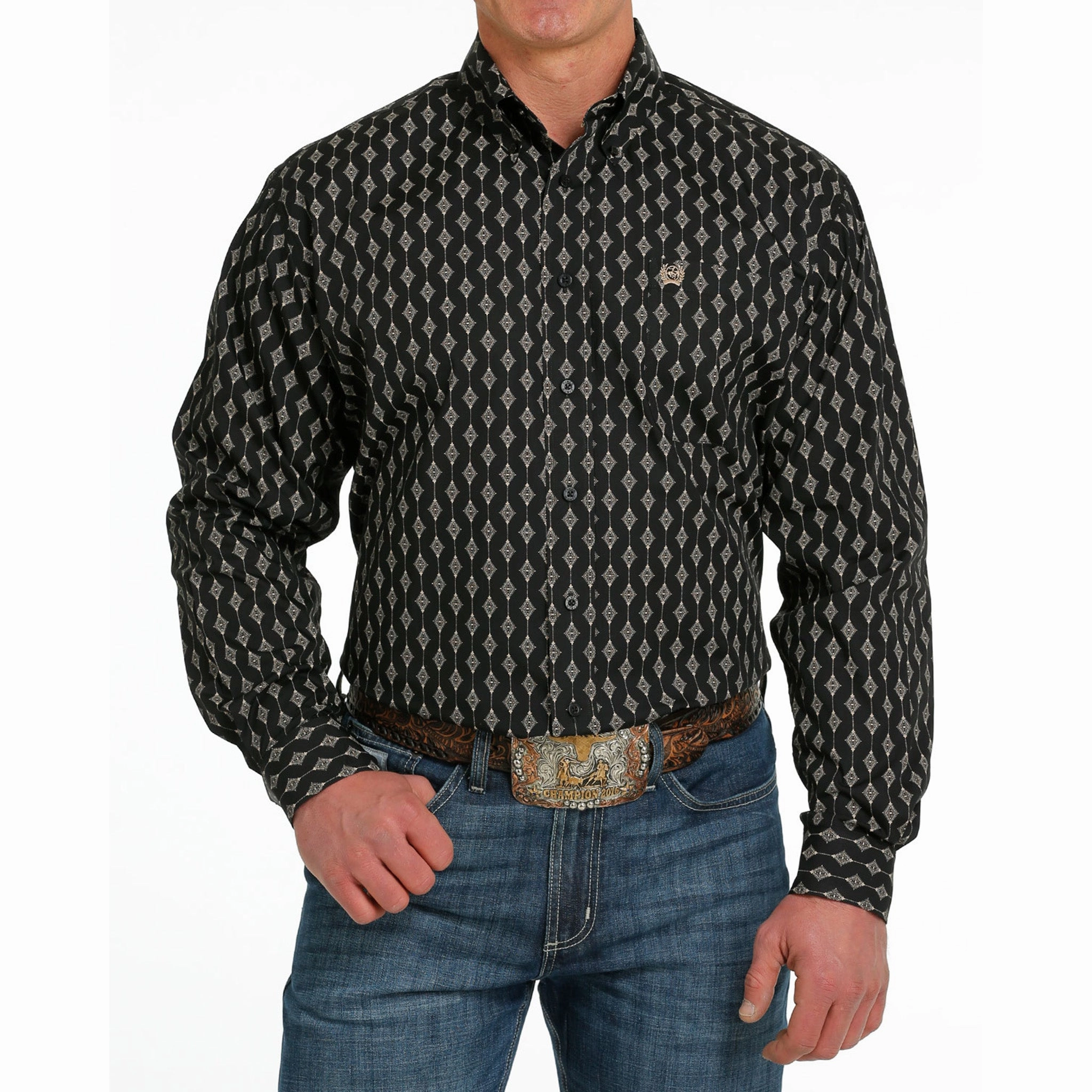 Edgy Fashion Essential Piece Cinch Men's Black Diamond Print Shirt