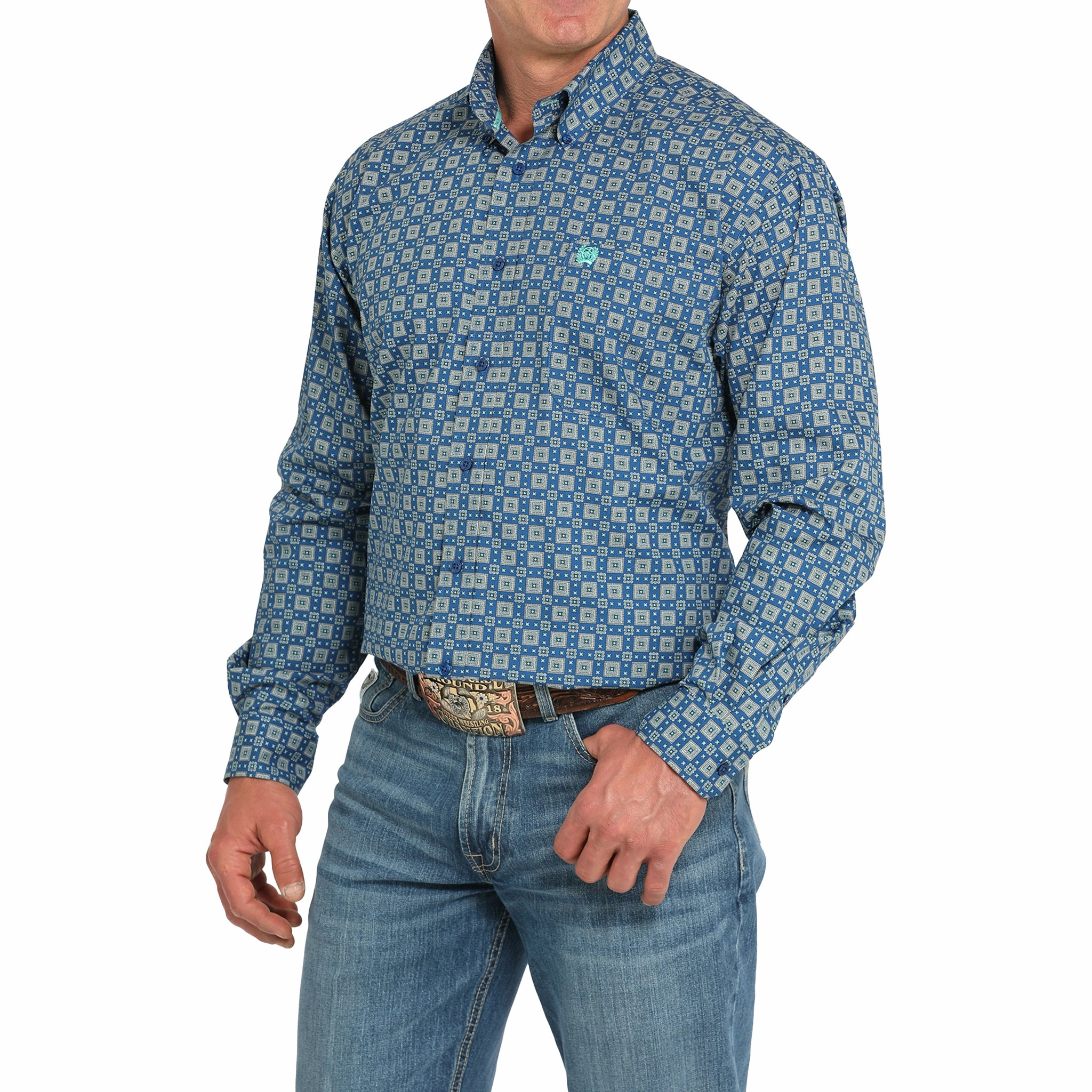 Layered Hemline Cinch Men's Blue Medallion Print Long Sleeve