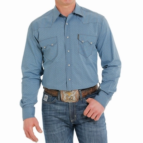 Customizable Option Anniversary Special Cinch Men's Blue Print Shirt