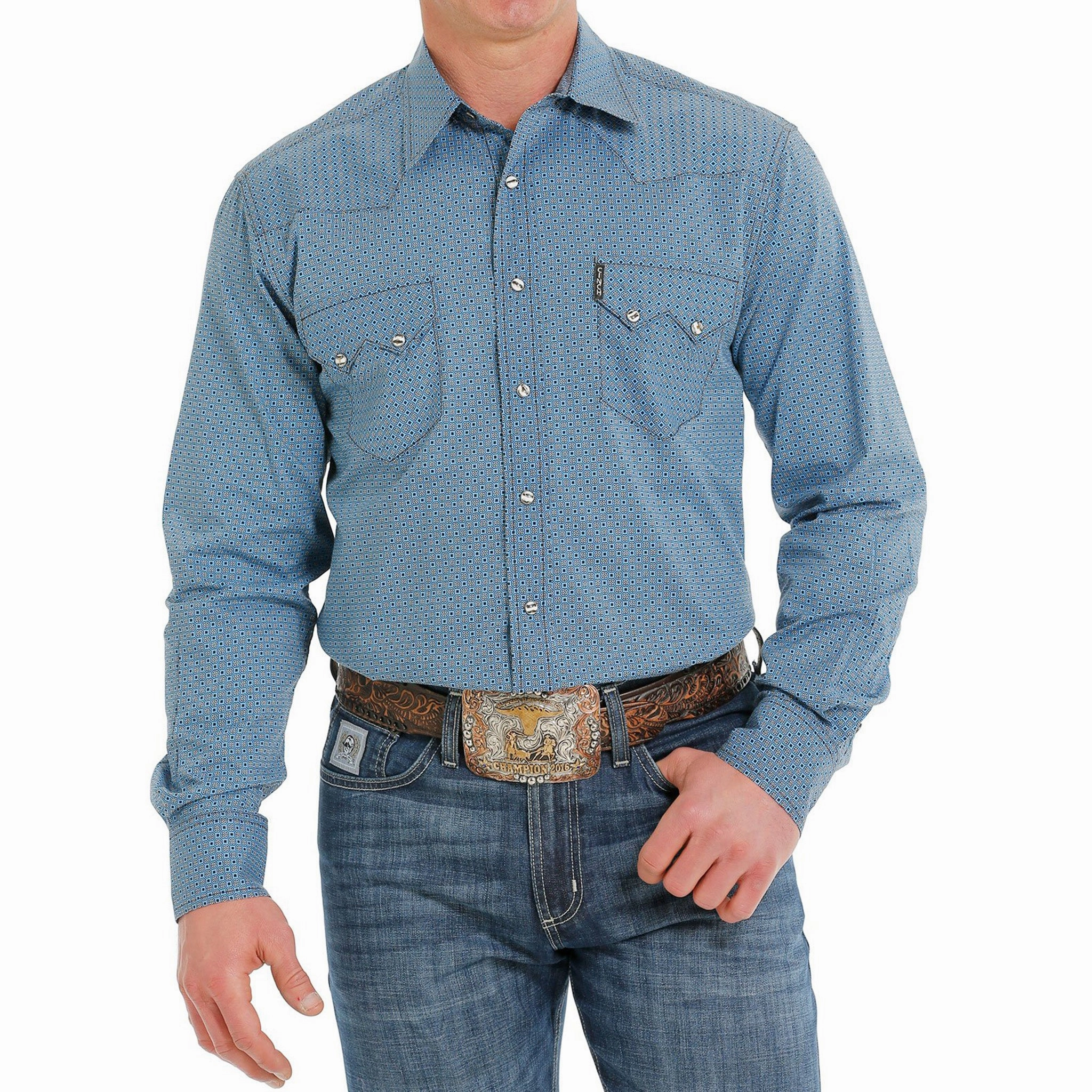 Customizable Option Anniversary Special Cinch Men's Blue Print Shirt