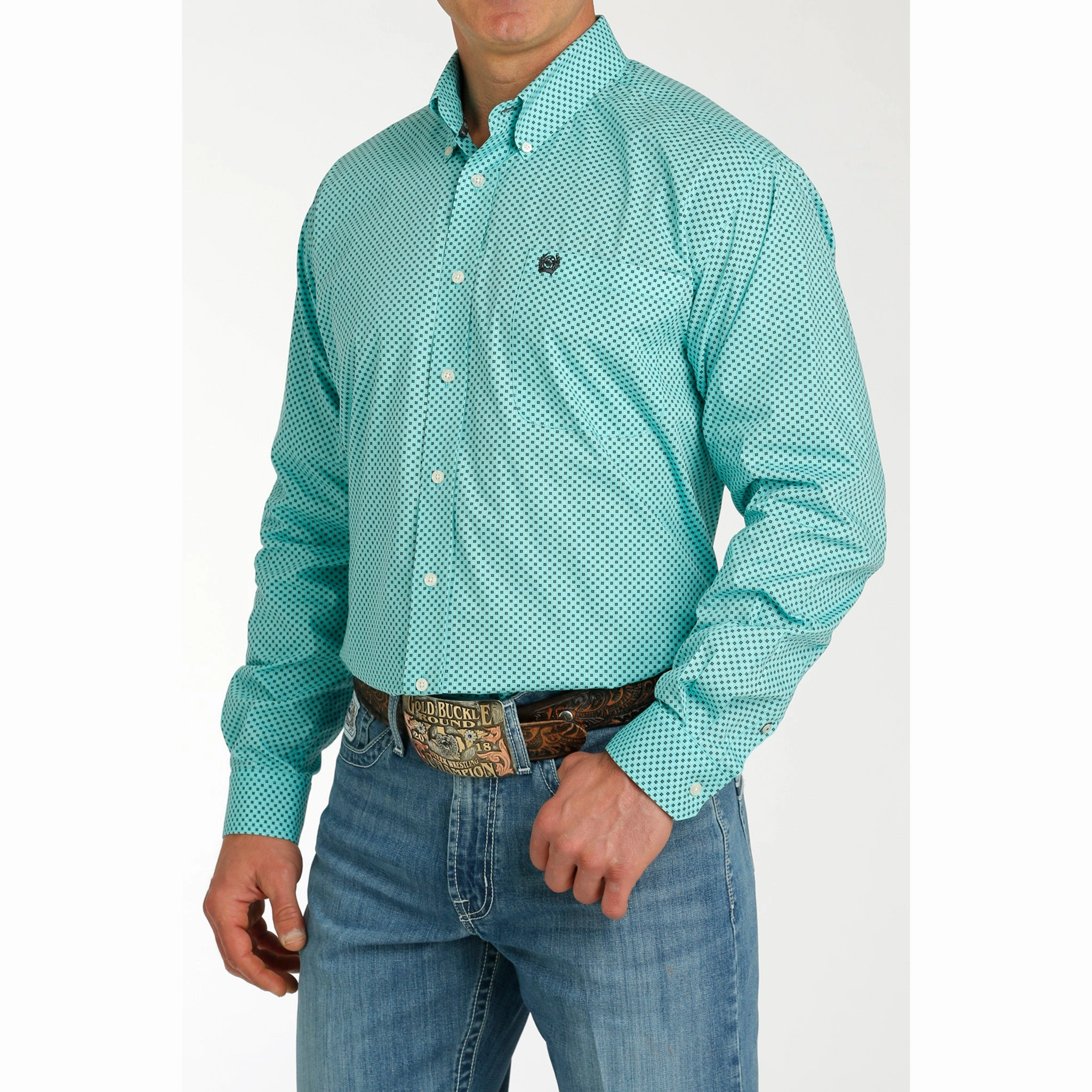 Cinch Men's Blue Printed Long Sleeve Shirt Soft Stretch Collar